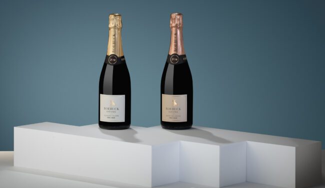 Roebuck celebration duo - Two bottles of Roebuck sparkling wines, sitting on a white platform against a dark blue background.