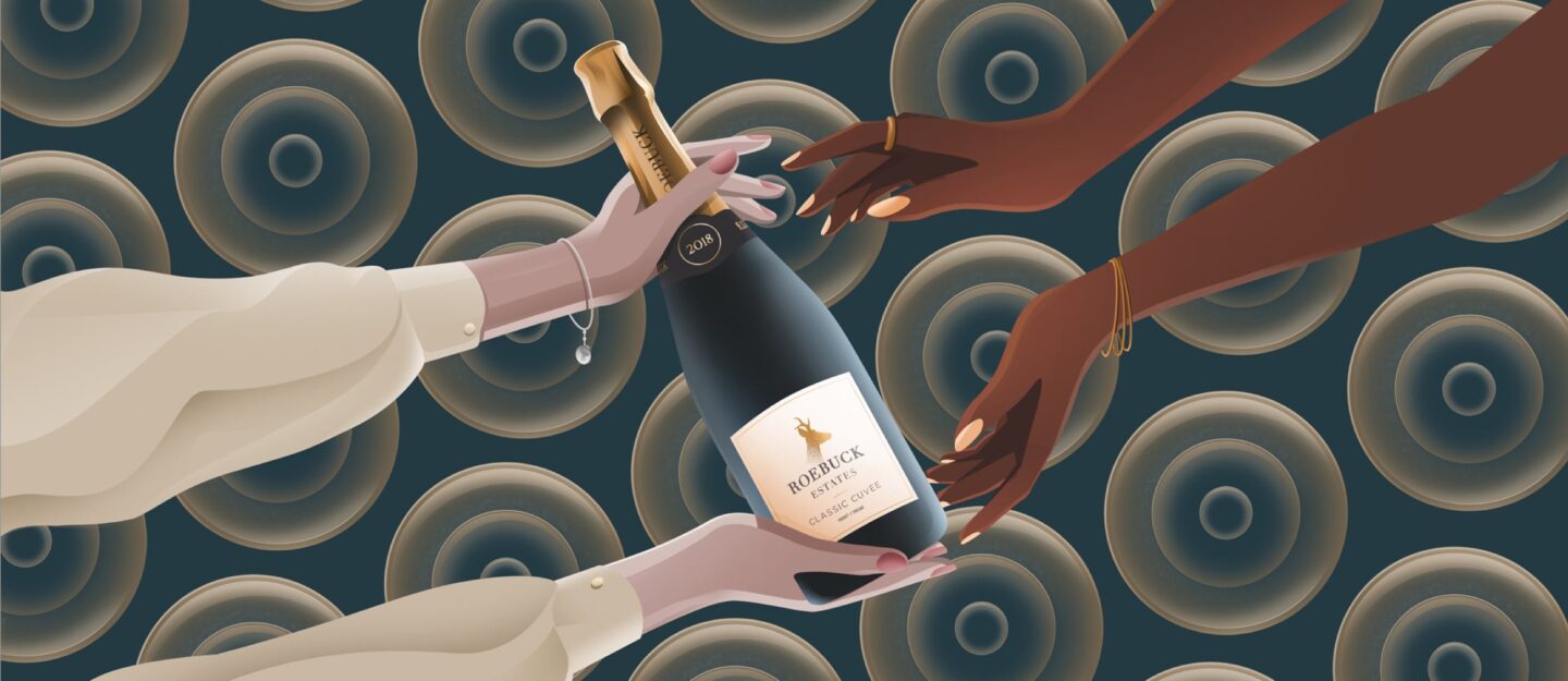 Illustration of one woman handing another a bottle of Roebuck Classic Cuvee.