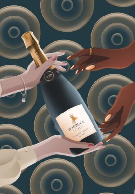 Illustration of two women sharing a bottle of roebuck estates classic cuvee.